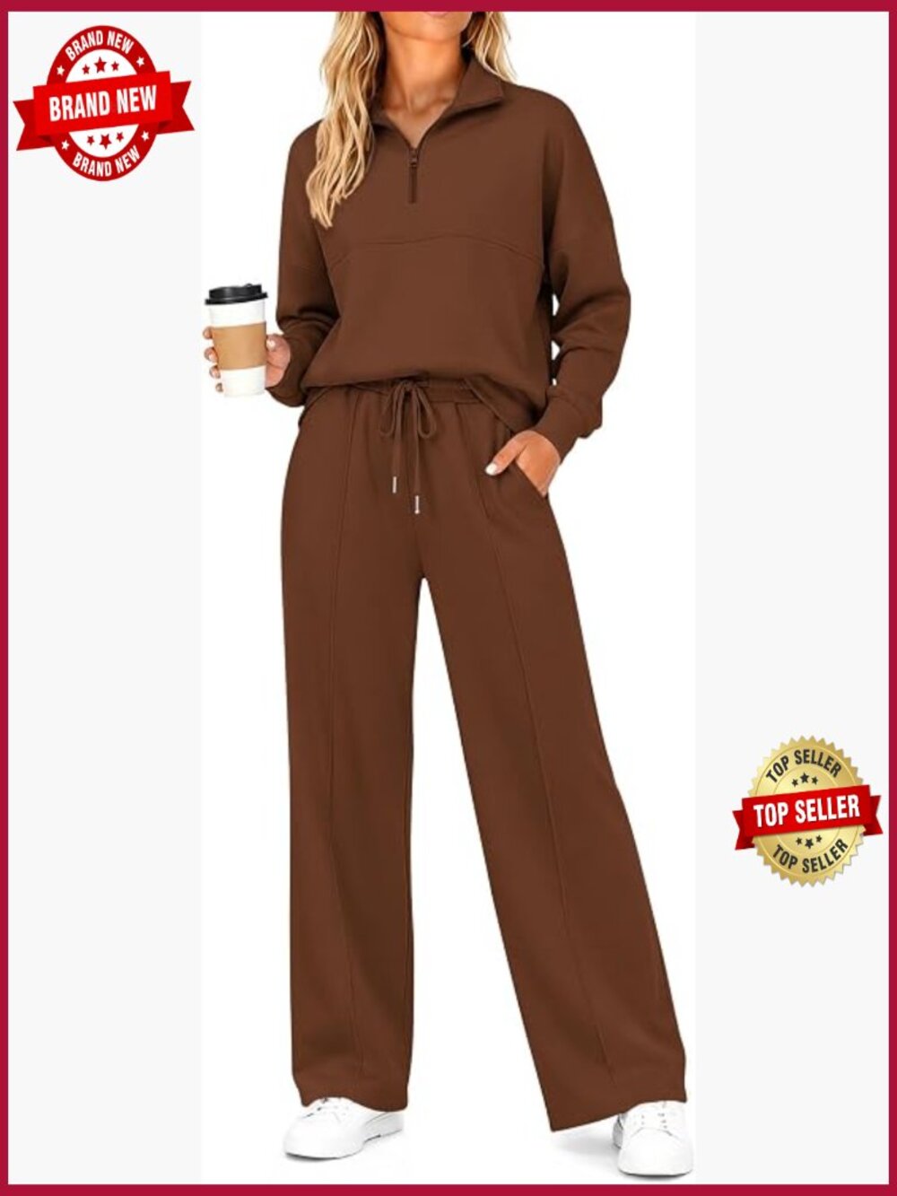 Women's 2 Piece Sets Lapel Half Zip Sweatshirt and Wide Leg Pants Sweatsuit